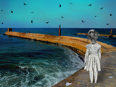 On the pier birds color girl landscape photography sketch water