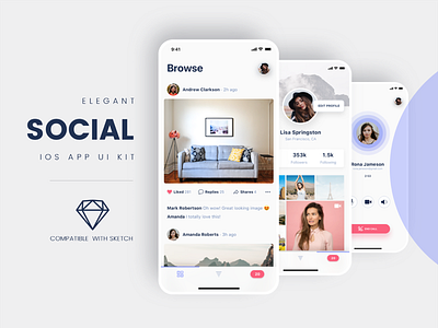 Social iOS App UI kit clean design ios iphone iphone x modern sketch social social app ui ui kit user interface web