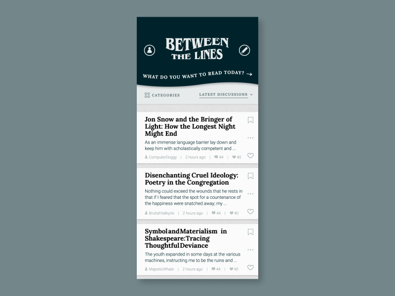 Between the Lines - Homepage app book interaction motion ui ux