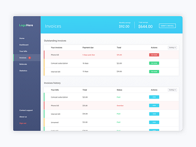 Portal dashboard design accounting blue clean dashboard finance portal table ui web design