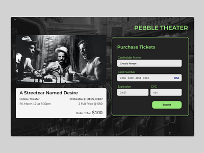 Daily UI #002 - Checkout - Pebble Theater a streetcar named desire checkout form credit card form daily ui marlon brando theater theater checkout theater tickets ui uiux design
