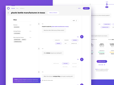 Procurement Dashboard | Supplier Discovery bot chat chat bot clean dashboard discover filter purple search