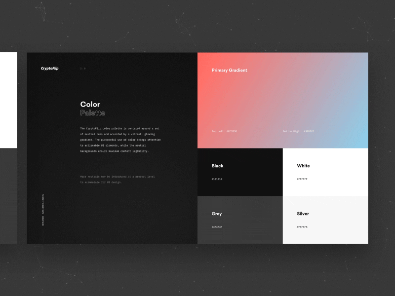 CryptoFlip | Brand Guidelines WIP block chain brand branding color palette crypto cryptocurrency gaming gradient guidelines slides style guide typography ui kit