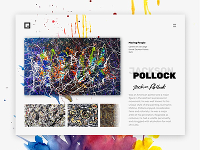 Jackson Pollock Design Web 🎨 abacus abstract abstract art agency aluxion art book clean color creative design design app effects gallery landing page minimal modern pollock ui website