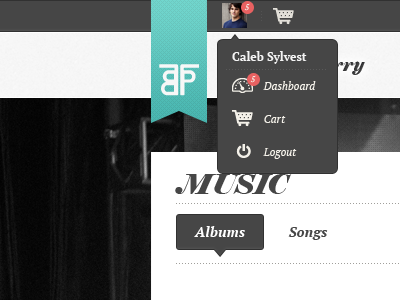 User Menu artist black dashboard dropdown gray minimal music nav navigation ribbon user white
