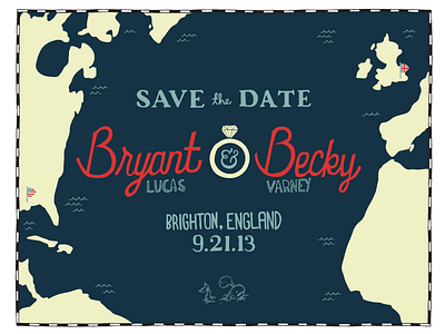 Save the Date - Bryant & Becky america blue england illustration invite lettering navy ocean postcard red ring save the date typography wedding white