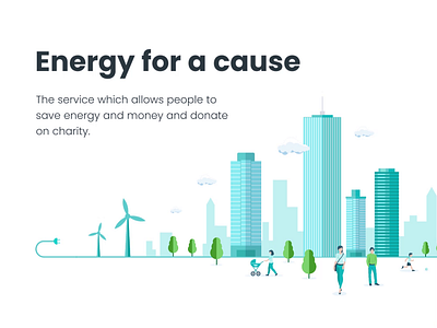 Energy animation blue branding cause charge charity city clouds design energetic energy illustration landing minimal people rebranding trees web website windmill