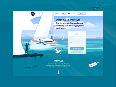 Wavy boat boating booking booking system branding design flat illustration illustration main page menu ocean paint people screen sea sign up ui web yacht yachting