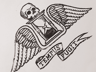 "Tempus Fugit" Test Print handlettering illustration lettering linocut printmaking skull woodcut
