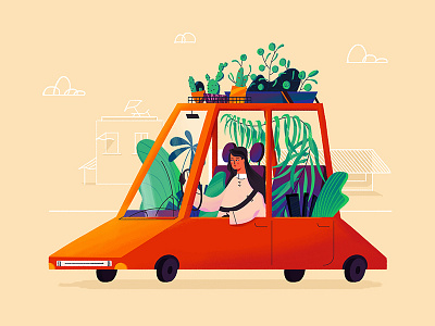 New home car character colorful design driving flowers illustration journey moving plant road summer