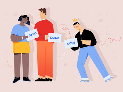 Scrum application character design clean design done illustration man people programming scrum software house trio uiux woman