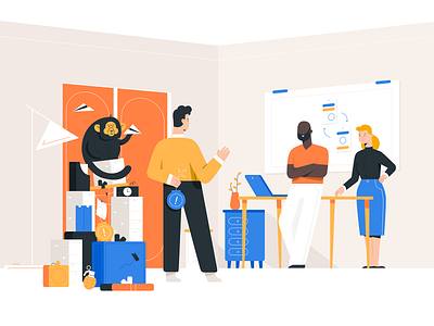 A little surprise application character design design gift illustration it monkey office people programming software house surprise uiux work