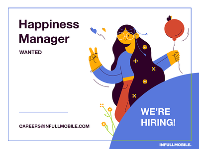 Happiness Manager application baloon butterfly careers character design design flower girl happy illustration job offer manager peace programming software house uiux