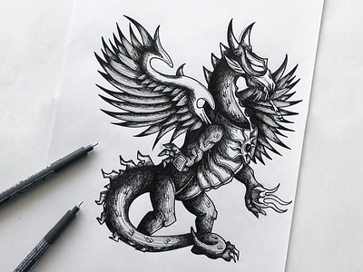 Sun Dragon black and white character art dragon drawing fire illustration ink pen sun