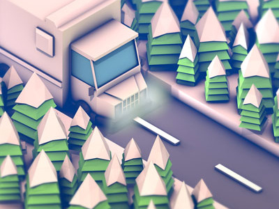 Truck 3d art forest island low poly road trees truck