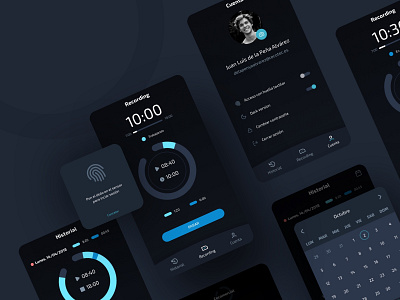 Time Control App app calendar chart dailyui dark dark app dark ui fingerprint list menu recording statistic tabs timer uiux working