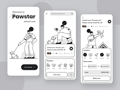 Animal Care "Pawstar" Apps animal care character design dog flat icon illustration line art lineart mobile app pet pet app petshop ui vector