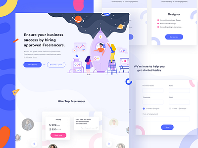 Sunday Exploration "Hire Top Freelancer". character design flat hero illustration landing page space teamwork ui web