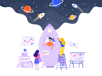 Beyond All Imagination character design flat illustration imagination planet space spaceship team teamwork