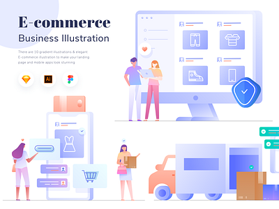 E-commerce Business Illustration Vol.01 buy character delivery design e commerce flat flatdesign gradient illustration kit landing noansa shopping ui web