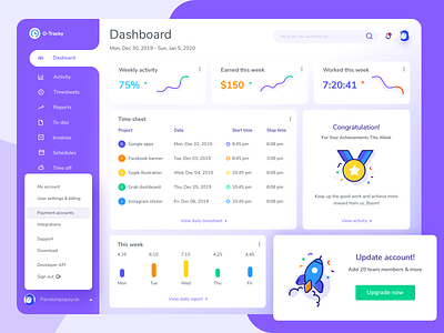 Time Tracking & Productivity Monitoring Tool accounting activity analitycs chart design income invoice project management statistics time tracker time tracking ui ux web