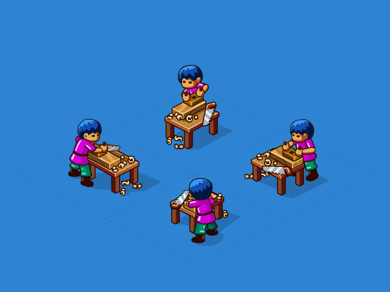 Four Carpenters 2d animation art carpenter character concept cute game gif isometric turnaround woodwork