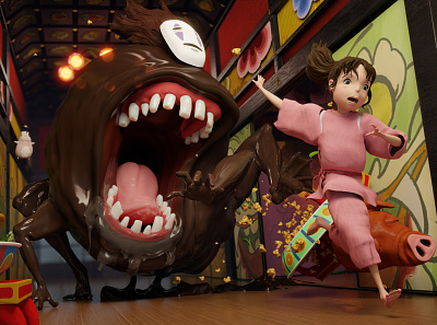 No Face chase scene from Spirited Away 3d illustration