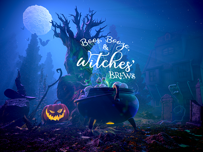 Boos, Booze, & Witches' Brews 3D Illustration 3d halloween illustration invitation marmoset modo substancedesigner zbrush
