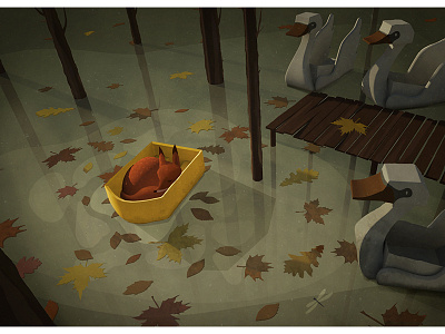 Alone in the park autumn boats fox illustration leafs park photoshop swan boats trees