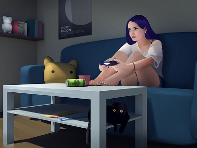 Playing Around cat couch gamer girl illustration photoshop playstation room