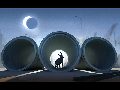 The Tunnel Route Home construction site dark dog eclipse illustration photoshop