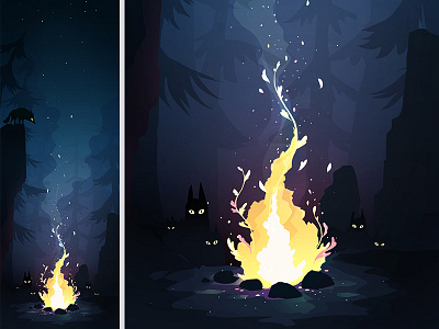 Whatever Burns fire forest illustration jackal night photoshop pines wolf