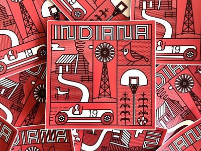 Indiana Landmarks Stickers cardinal evansville graphic design hoosiers illustration indiana indianapolis indy 500 line art log cabin midwest muncie new albany race car red stickers vectors windmill
