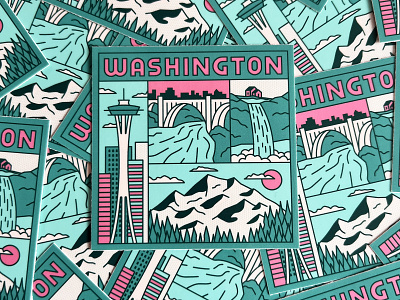 Washington State Stickers bridge graphic design green illustration illustrator landmarks mountains pacific northwest pnw seattle spokane square sticker travel vector art washington waterfall