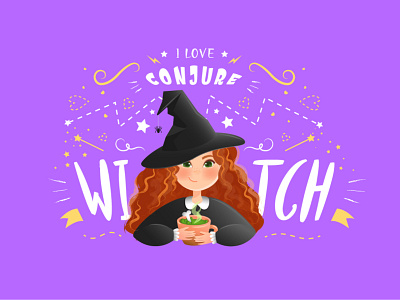 Witch in a black hat with a potion in her hands and red hair card certificate design graphic design halloween illustration vector witch