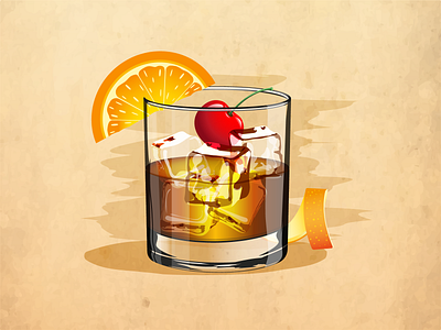 Old fashioned alcoholic drink in a glass goblet with ice cherry alcogol card cup design drink graphic design illustration old fashion vector