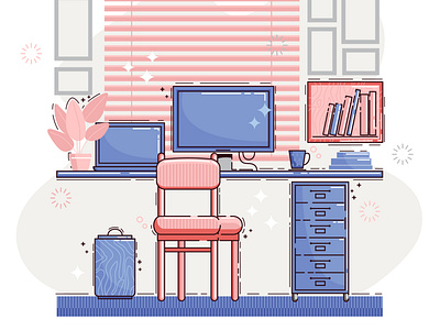 Workplace at home adobe illustrator apartment boho computer cute design digital education flat graphic design home illustration job office pink room vector workplace
