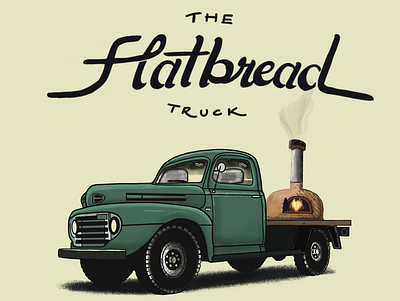 Flatbread Truck hand lettering illustration logo pizza retro truck vintage wood fired