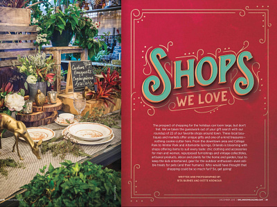 Shops We Love design editorial gift guide layout lettering magazine opener opening spread orlando orlando magazine publication retail shopping typography