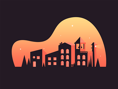Small Town buildings evening gradient lighthouse stars trees vector