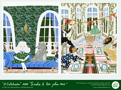 'A Celebration' + 'Sasha & her plus one' apparel illustration surface pattern wallpaper
