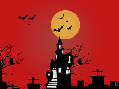 Haunted House Website apartments bats building crow graveyards haunted home house illustration night red sun