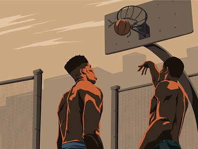 We are only 2 fellows, but enough for basketball art basketball black body character concept dark shadow design flat illustration illustrator playing procreate skin sport street sunset vector warm