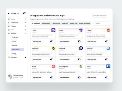 Dashboard Design... Integrations and connected apps
