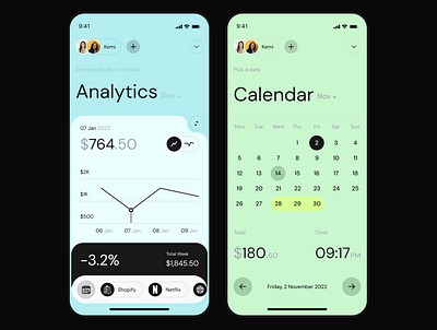 Analytics and Calendar Design for Vega Banking App app clean ui design product design ui ui design uiux ux