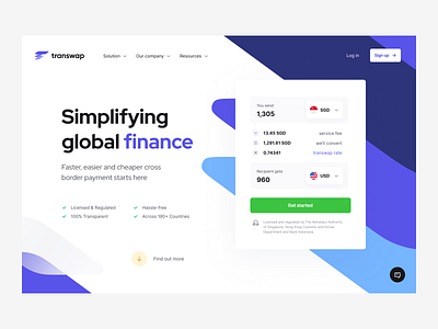 Transwap: product page finance fintech homepage landing landing page payments web web page website