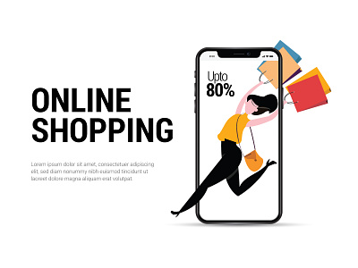 Online Shopping adobe illustrator bags cart design girl illustration mobile offer shopping typography vector