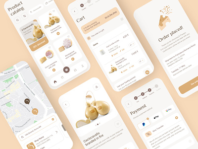 e-Commerce App Cheese Catalog add product buy product cards catalog categories checkout cheese dairy ecommerce map order payment place an order store locator success screen