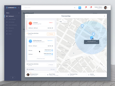Time Card Map blue card clock dashboard home job location map menu overview time white