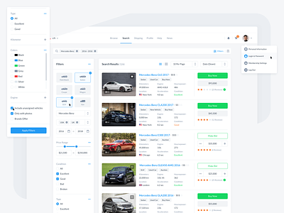 ReCars UI Kit - Search Results automobile behance blue car cards clean dashboard design filter form interface search ui ux web website